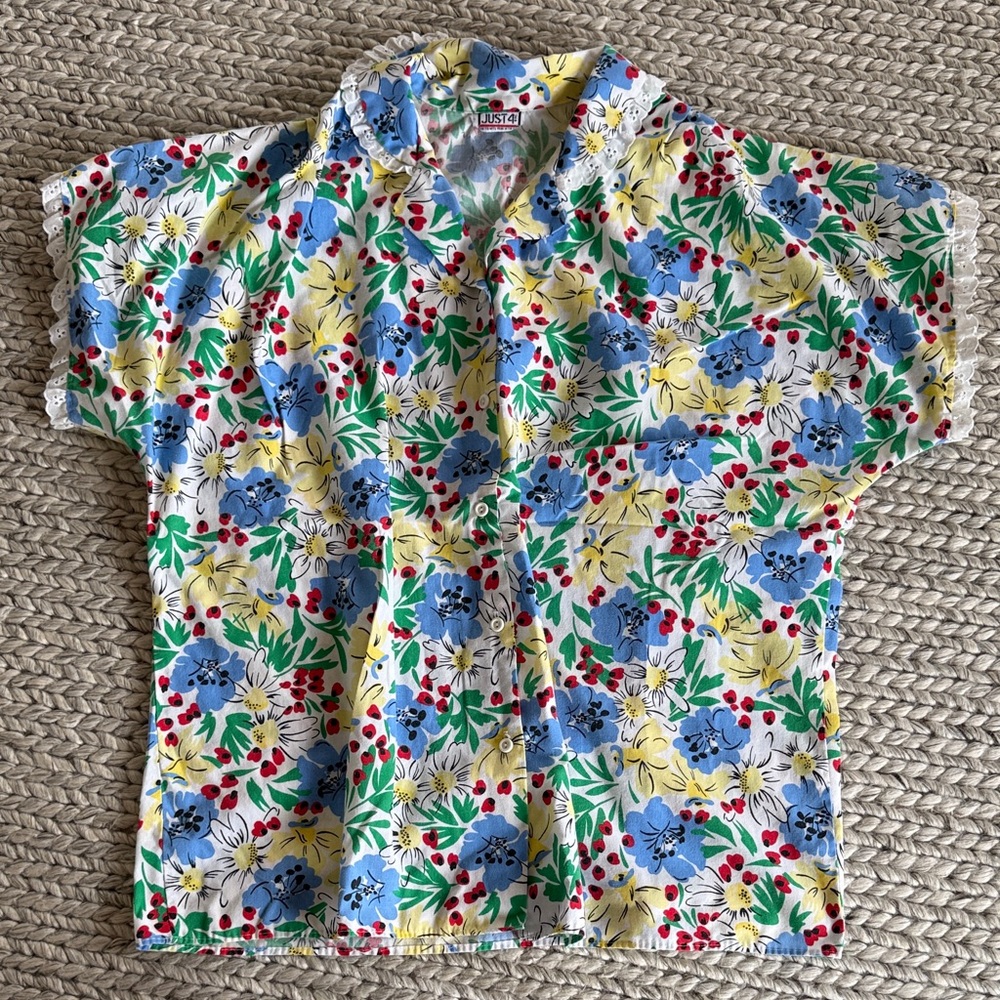 Vintage Floral Button-Up Shirt in Blue, Yellow & White - Unbranded